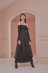 Lynda Off Shoulder Long Sleeve Shirred Maxi Dress